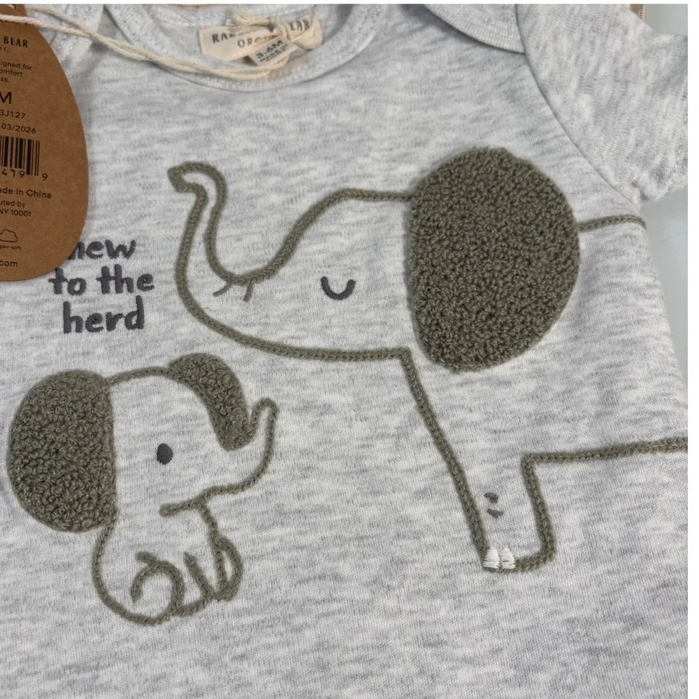 Rabbit + Bear Kids 6-9M Gray Elephant Organic Cotton Bodysuit Set 3PK New NWT